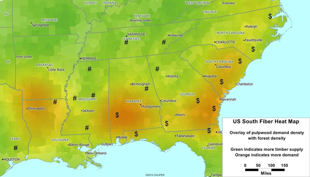 US South Pulpwood Heat Map Copyright 2015 RISI, Inc.