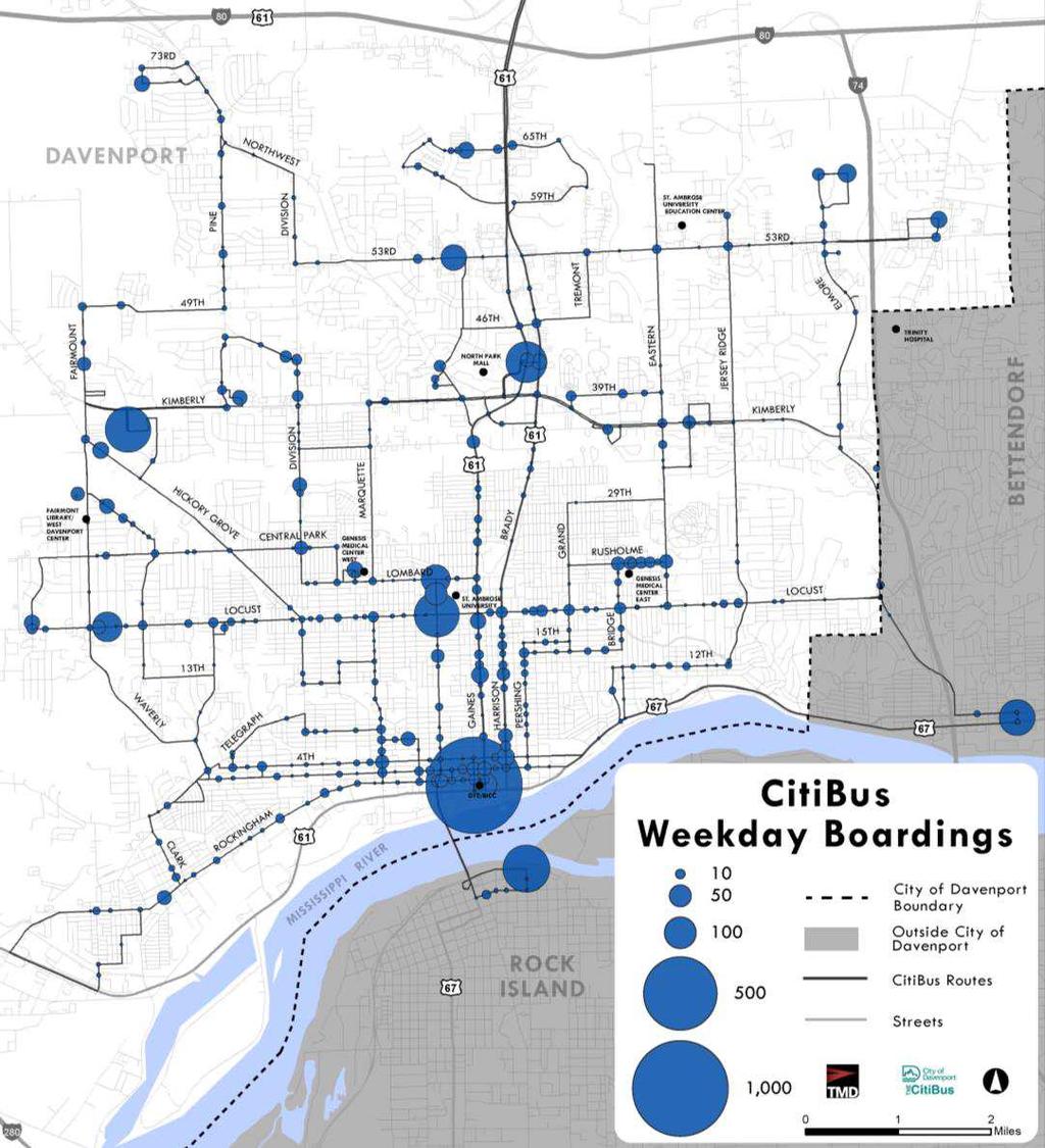 System Ridership Boardings concentrated at key shopping areas, schools, and transfer locations Strong activity on Locust St.