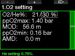 You can set a different ppo 2 setting for decompression gases. The maximum ppo 2 limit can be modified at menu 2.4. ppo 2 max. 2.1.3 Trimix If trimix is enabled the O 2 setting will appear as follows.