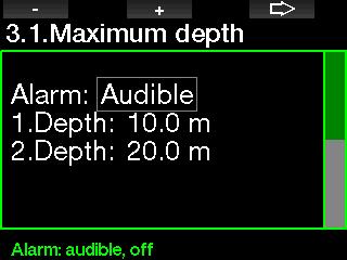 2.3.1 Setting the maximum dual depth alarm In Apnea mode all alarms can be either audible or disabled. After enabling the maximum depth alarm the limits can be selected.