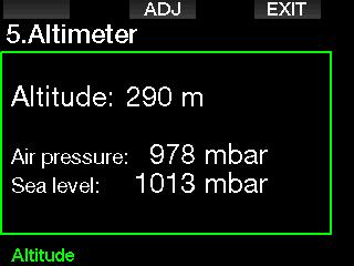 2.5 Altimeter Here you can check your current elevation. In the altitude menu, the current altitude is calculated from the barometric pressure.