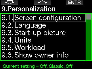 2.9 Personalization Here are the settings related to customization. You can select different screen configurations, color, language, owner and emergency info, along with workload and units. 2.9.2 Language In this menu you can set the language used for all texts displayed on the computer.