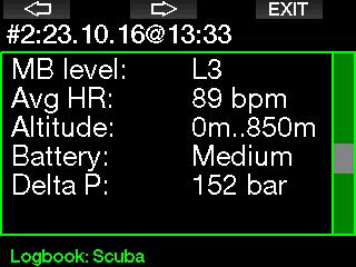 in the logbook. Below is an example of a Scuba mode dive.