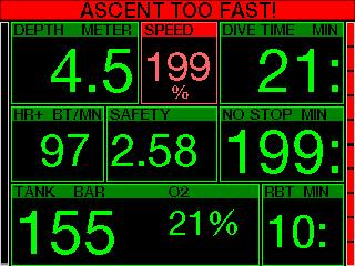 8 32 120 394 10 33 If the ascent rate is greater than 110% of the ideal value, the speed window turns yellow.