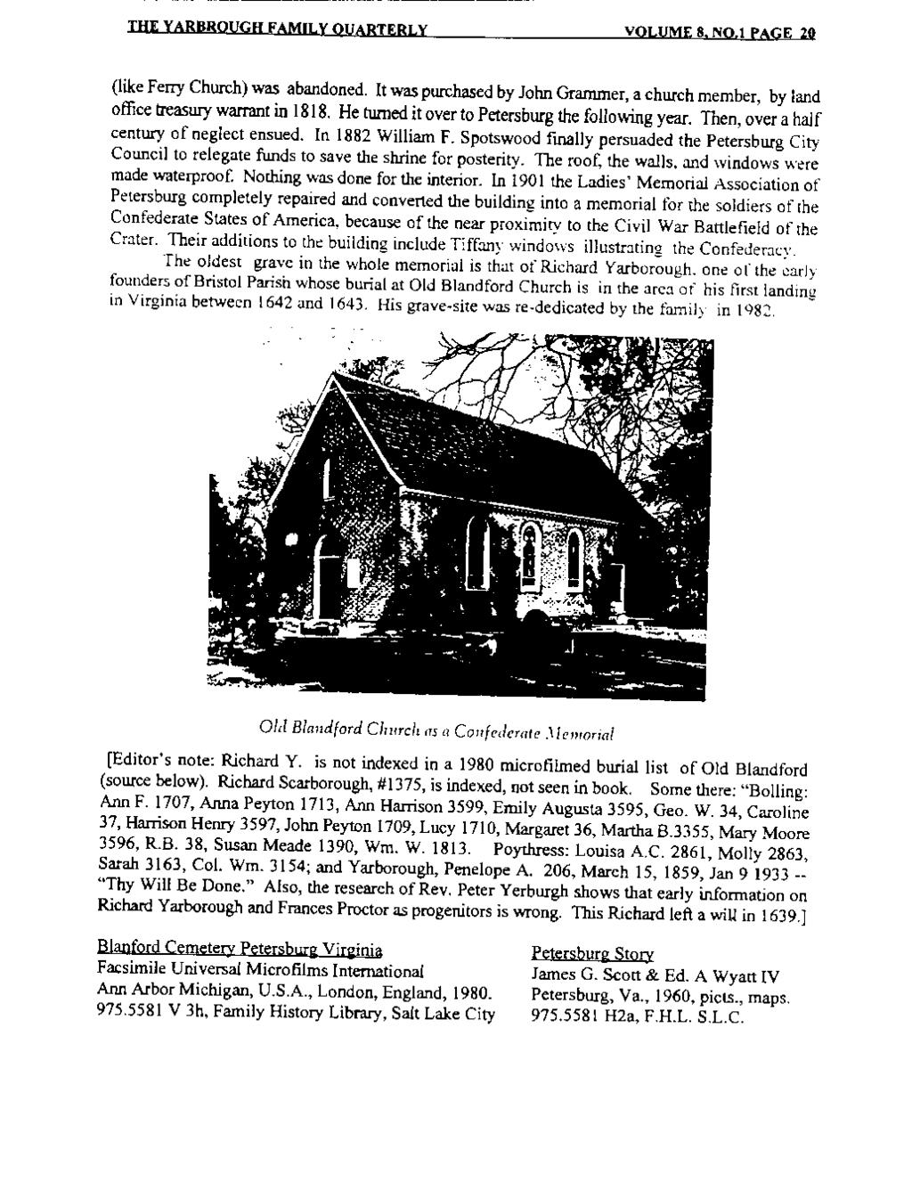 THE YARBROUGH FAMILY QUARTERLY VOLUME 8. N0.1 PAGE 20 (like Ferry Church) was abandoned. It was purchased by John Grammer, a church member, by land office treasury warrant in 1818.