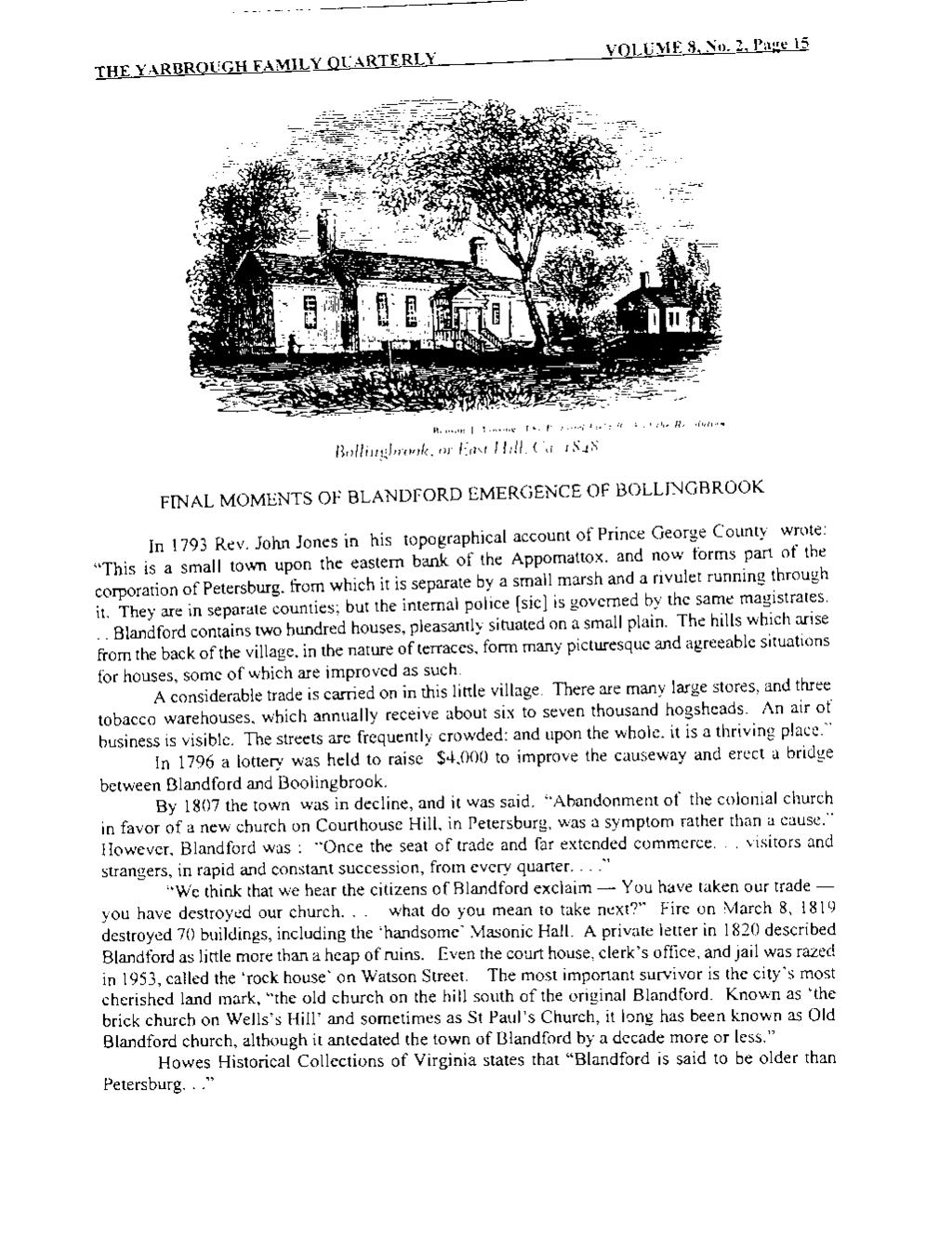 ----------------------- THE YARBROUGH FAMILY QUARTERLY VOLUME 8, No. 2, Page 15 FINAL MOMENTS OF BLANDFORD EMERGENCE OF BOLLINGBROOK In 1793 Rev.