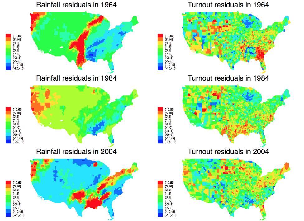 Figure A6: Rainfall and Turnout Residuals, 2004 Note: Residuals from regressions