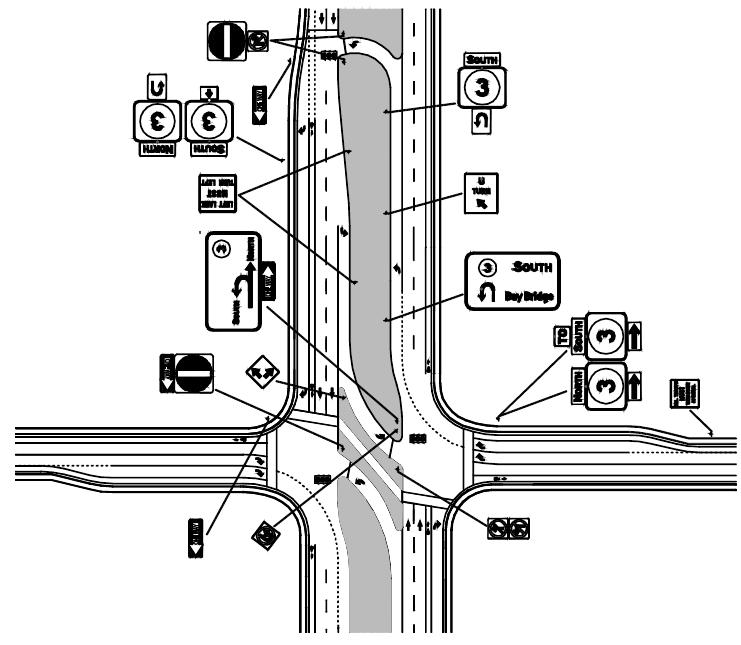 Figure 20: Example Signing Plan from a Signalized RCI in Maryland In applications where the mainline roadway is wide, drivers can benefit from guide signs placed both in the median beyond the main