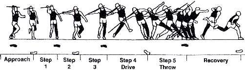 b. THE STAGES The javelin technique sequence comprises of 4 phases: An approach, a 5-step rhythm, throw and recovery. c. THE JAVELIN THROWER SHOULD AVOID: Grasping the javelin with a tensed fist.
