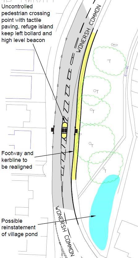 Advantages:- Would provide a refuge for pedestrians; Would not require traffic to stop; Would slow down traffic go through the village (calming measure); Simple to construct.