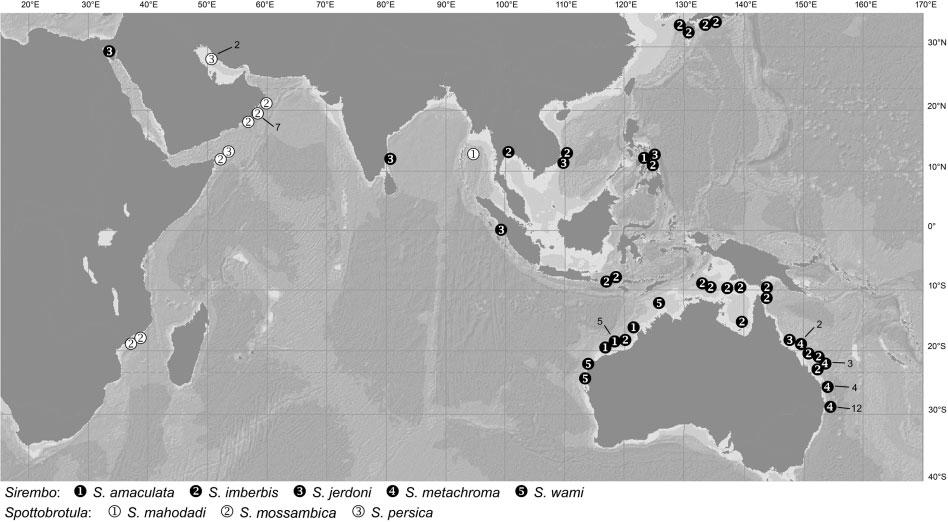 2 J. G. Nielsen et al. Downloaded by [Fiskeridirektoratet] at 02:26 09 October 2014 Figure 1. Distribution of examined specimens of Sirembo and Spottobrotula species.