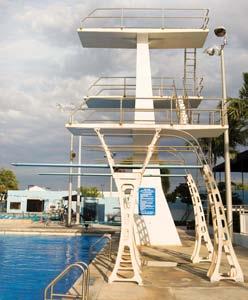 Diving Equipment Diving Facilities and Commercial Pools Diving is performed from a springboard or platform. Well-equipped facilities may have 1-meter and 3-meter springboards as well as 5-meter, 7.