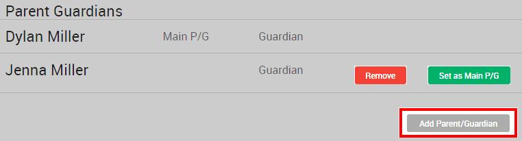 If a player is under the age of 16, the Parent / Guardians section will be visible. If one or more are listed, the system will provide the opportunity to either Remove or Set as Main P/G.