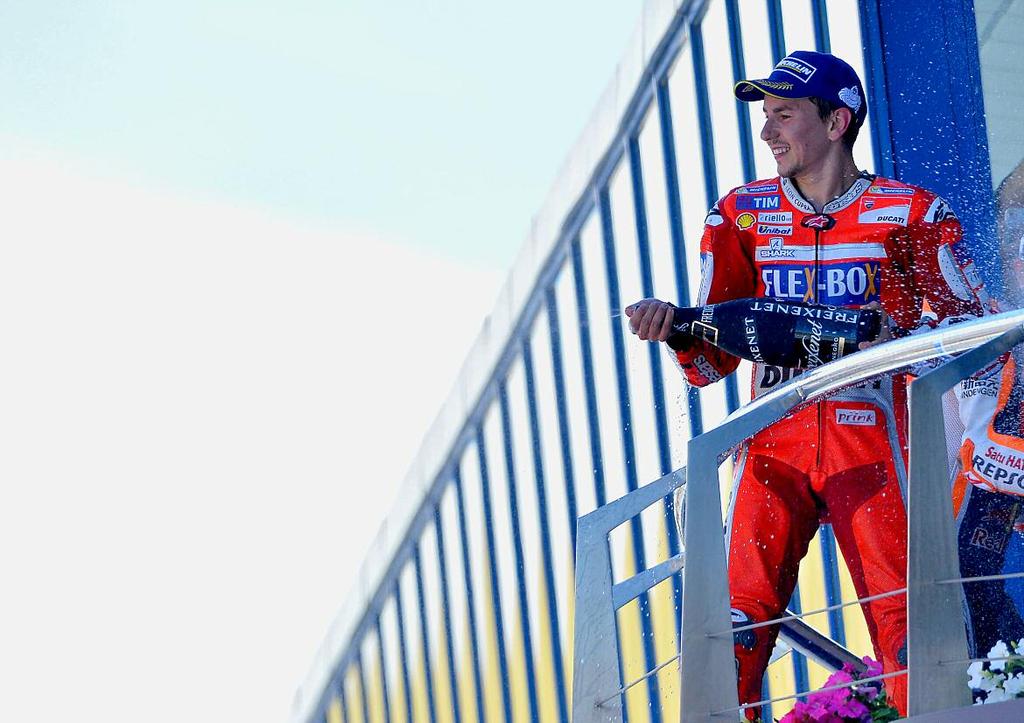 HAPPY Lorenzo s first podium for Ducati Following a trio of challenging overseas races to start the season, Jorge Lorenzo claimed his first podium of the 2017 campaign at Jerez and his first aboard