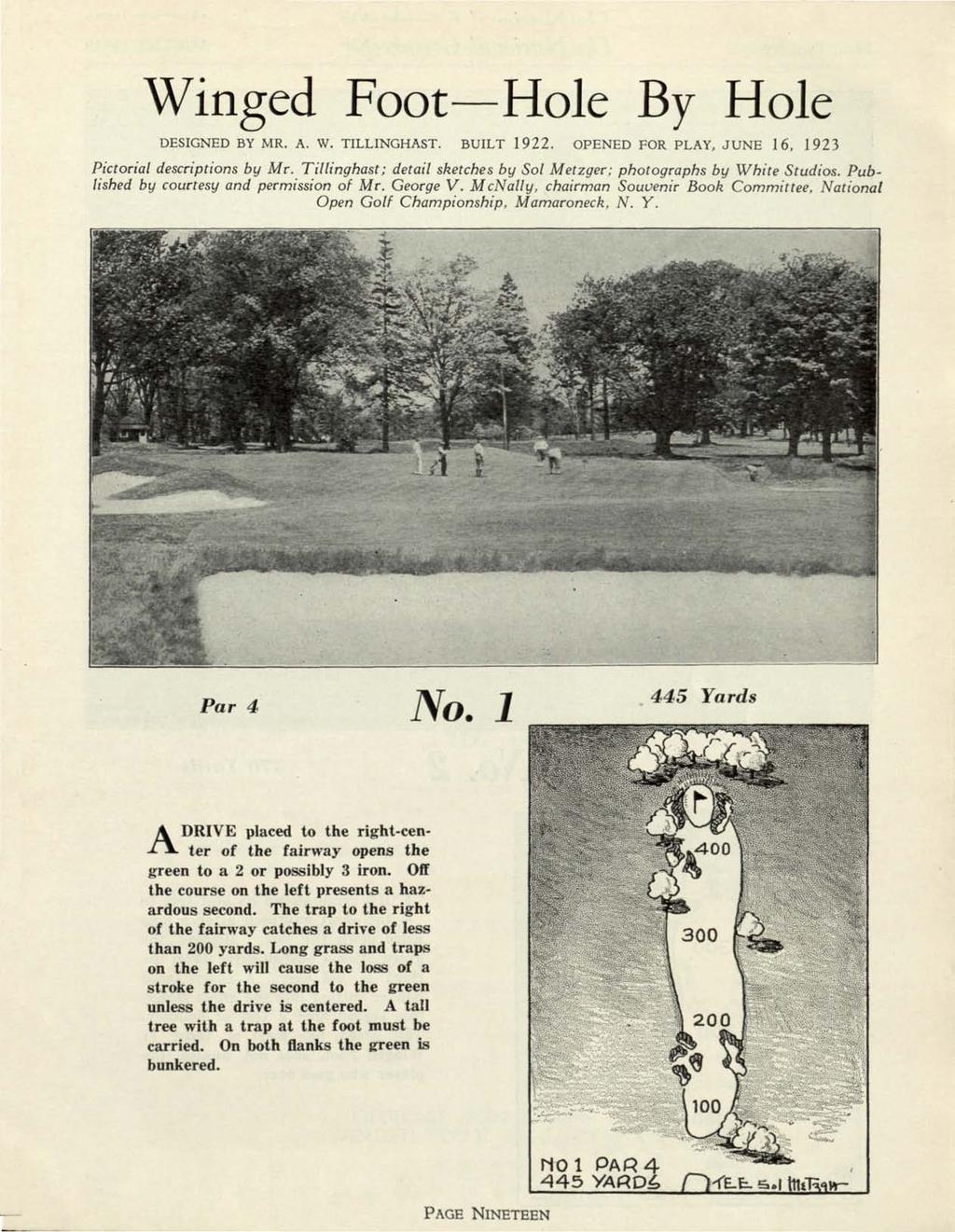 Winged Foot Hole By Hole DESIGNED BY MR. A. W. TILLINGHAST. BUILT 1922. OPENED FOR PLAY, JUNE 16, 1923 Pictorial descriptions by Mr.