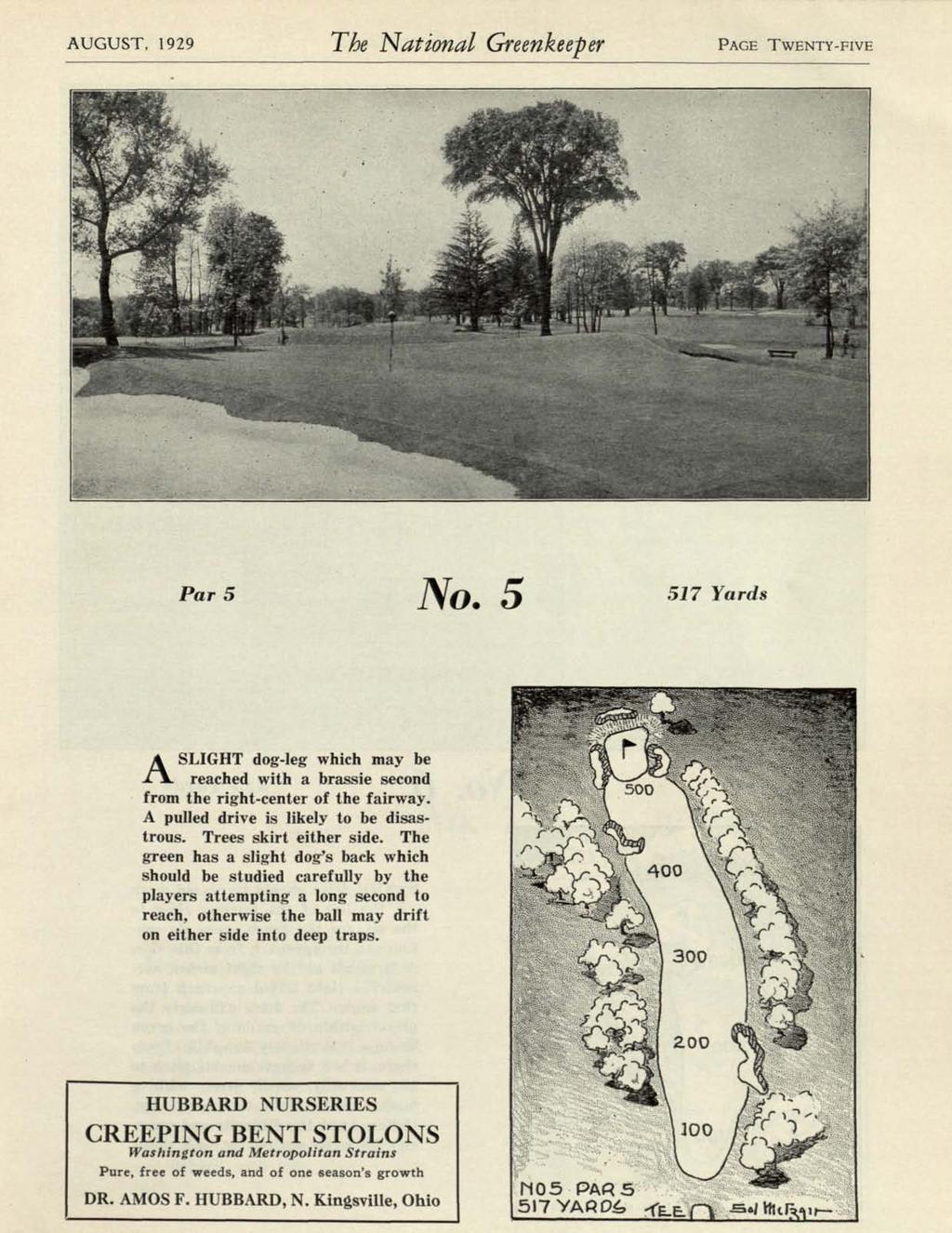 AUGUST, 1929 The National Greenkeeper PAGE TWENTY-FIVE Par 5 No. 5 517 Yards ASLIGHT dog-leg which may be reached with a brassie second from the right-center of the fairway.