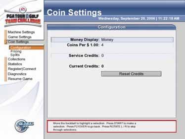 Coin Settings, Configuration Menu This menu lets you configure whether pricing is displayed in money or credits, set coins per monetary unit, and reset credits.