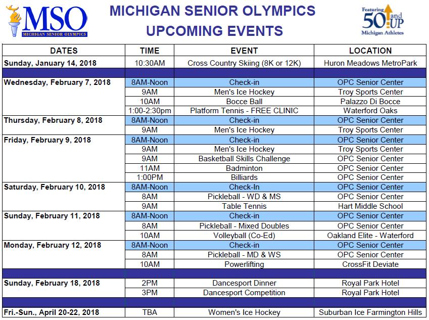 REGISTRATION DEADLINE: JANUARY 19, 2018 Office: (248) 608-0250 248) 608-0252 E-mail: info@michiganseniorolympics.org Website: www.michiganseniorolympics.org FIND US ON FACEBOOK: Michigan Senior Olympics VOLUNTEERS NEEDED!