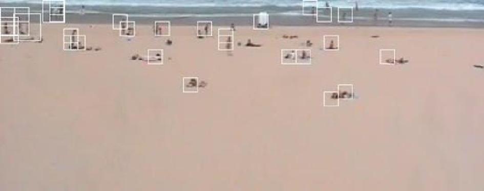 can measure the extent of beach usage by counting the number of people using the beach at any given time. Figure 1 shows an image captured from a CoastalCOMS camera. Figure 1. Image showing areas (rectangles) that have been classified as a person object.