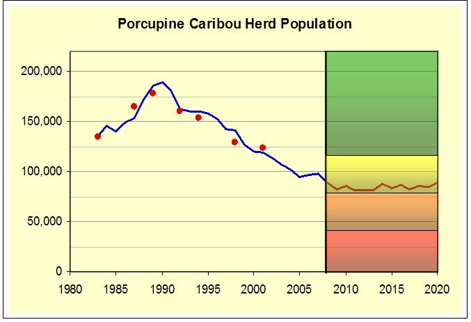 The red line is the future herd size predicted by the Caribou Calculator (see pg. 14 for details). Red dots are estimates of the number of caribou from counts during the photocensus.