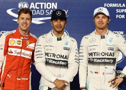 QUALIFYING F1 >>> BAHRAIN FORMULA 1 Round 4 BAHRAIN GP Qualifying Pos DriVER team Q1 Q2 Q3 LAPS 1 Lewis Hamilton Mercedes 1:33.928 1:32.669 1:32.571 16 2 Sebastian Vettel Ferrari 1:34.919 1:33.