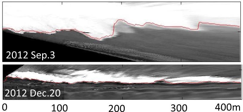 Red solid lines indicate the extracted instantaneous shoreline profiles.