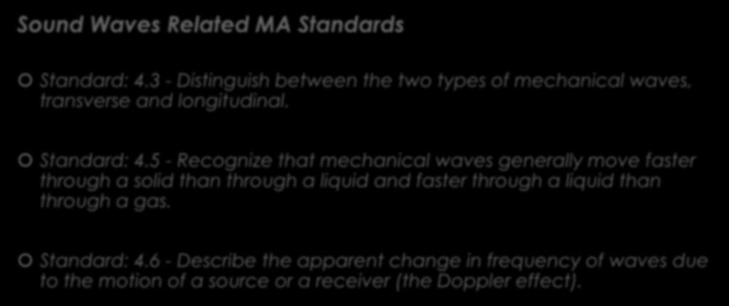 What you are expected to know: Sound Waves Related MA Standards Standard: 4.