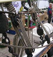 a block and tackle would Used to tighten shrouds on traditionally rigged vessels Turnbuckle or