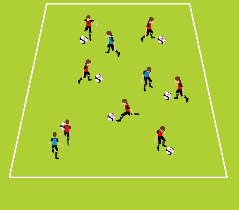 Week One Tech Game Tunnel Tag Dribbling under pressure, Shielding 10-20 yards (length) x 15 yards (width); vary size by age and ability 4 cones, ball for each attacking player, three pinnies Three