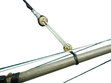 The Jib Stay: Referring to Plan Sheet 4, the jib stay is of 0.5mm black thread and requires an eye and mouse (the mouse positioned 90mm from the eye).