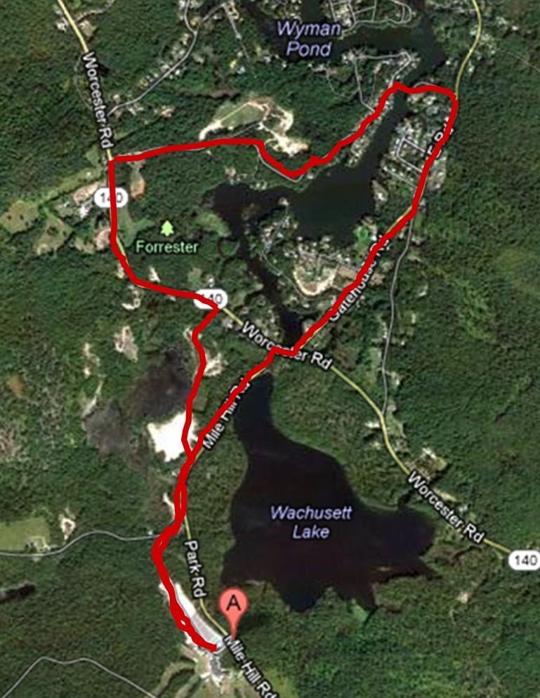 Course Description: Starts in the Wachusett Parking lot, travels down the hill into lot 3 and exits out on to Rte 140.