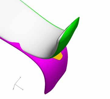 Figure 3: (green), (white) and (purple) compared to the blade (orange) The winglets were made be generating a straight blade extending 1.5 % rotor radius further. Following, the 1.