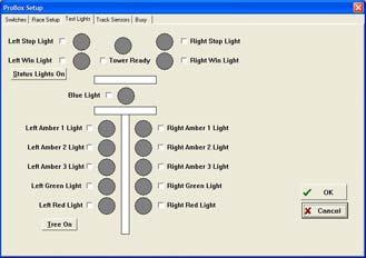 The Test light screen is for testing your Christmas tree and your stop, win, and tower ready lights. You can turn them on and then check voltages to see if they are working.