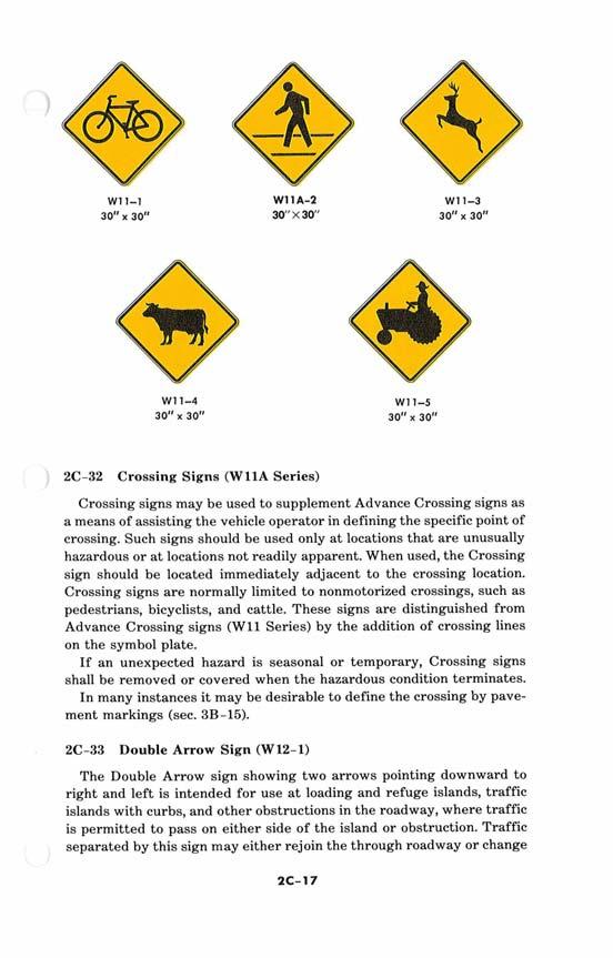 I, : 2C-32 Crossing Signs (W11A Series) Crossing signs may be used to supplement Advance Crossing signs as a means of assisting the vehicle operator in defining the specific point of crossing.