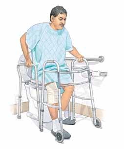 To stad up from the chair: 1. Scoot your body to the edge of the seat. 2. Keep your leg out i frot of you. 3. Use your arms to push yourself up from the chair. 4. Do ot lea forward as you stad.