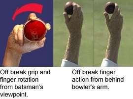The ball is very firmly in the fingers and the back of the hand faces the onside just before delivery and finishes up facing the bowlers head when the ball has been released the ball spins from leg