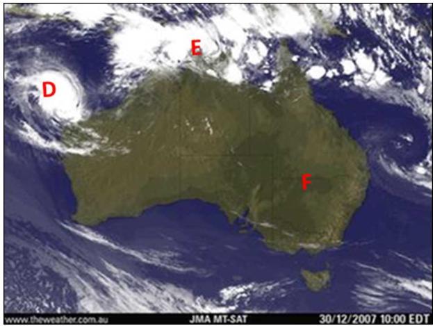 Australia Satellite Photo Figure 1B 1.1 Locate the area marked K. Is K situated in the centre of a low pressure cell or a high pressure cell? 1.2 Comment on and explain the significance of the isobar spacing at L and N.