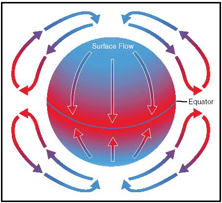Figure 8 Circulation pattern if the Earth was not spinning on its axis Tri-cellular circulation of the Hadley, Ferrel and Polar Cells and the surface winds that arise as a result of the spinning of