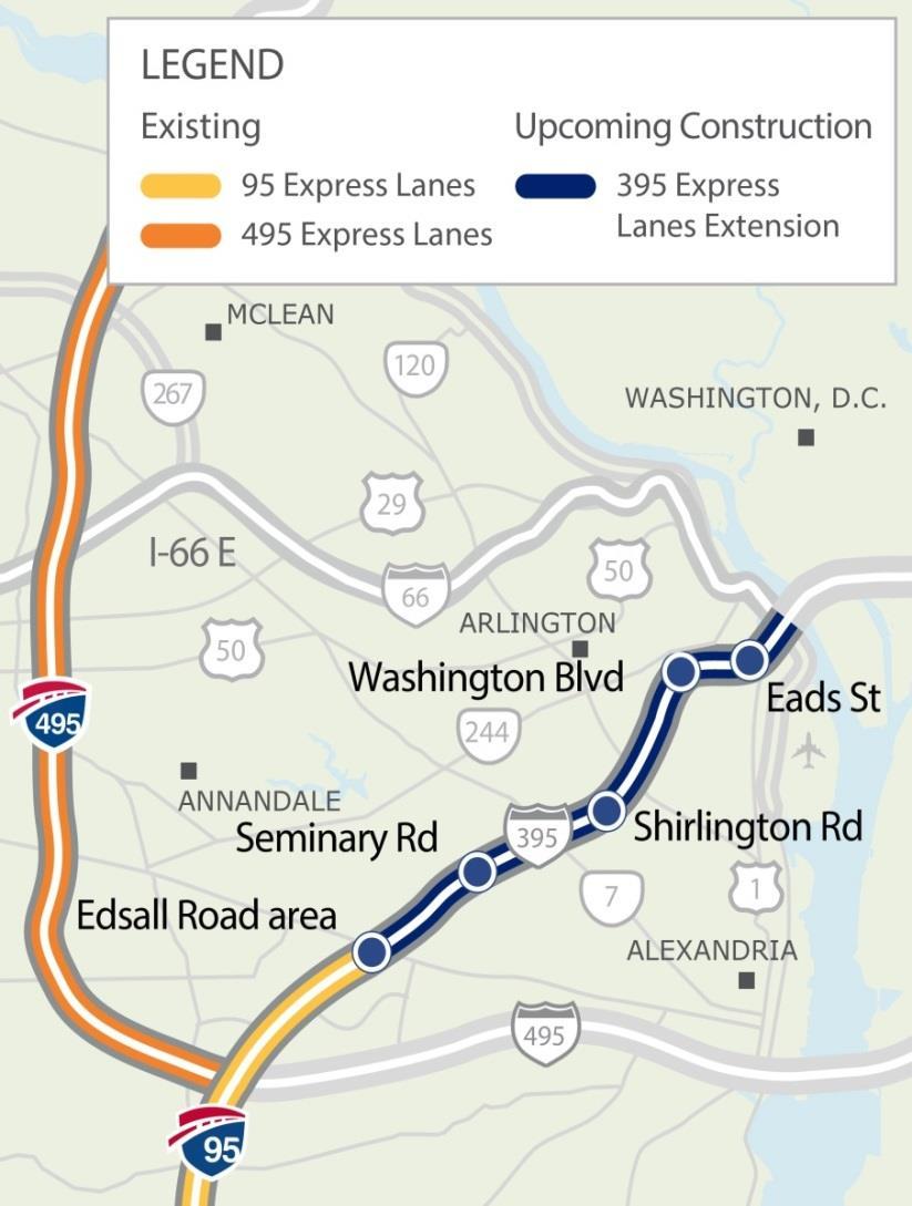 I-395 Project Overview Extending and converting 8 miles of HOV Lanes to Express Lanes between Turkeycock Run (near Edsall Road) to 14 th Street Bridge (DC Line) Adding a third HOV lane from north of