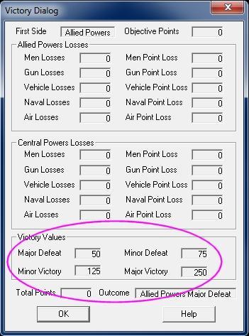 In the Menu Bar along the top of the screen, select the Info selection and scroll down and select Victory This will bring up the Victory Dialog box which shows how many points the first side must