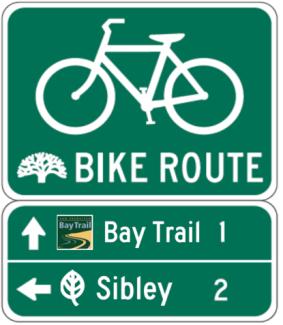 regional and State bike route signs. The California DOT has allowed for the placement of supplemental plaques providing route names under the D11 series of bike signs. Local U.S. Guidance Most communities have not promulgated their own bicycle route design guidance.