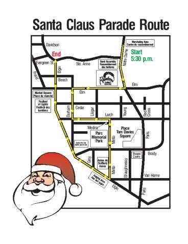 Marshalling and Disbursement Areas Greater Sudbury Santa Claus Parade The Parade Route is indicated on the Parade Map. Marshalling area is on Notre Dame Ave between St. Annes Road and Kathleen Street.