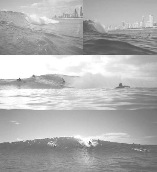 Figure 8. Photos of plunging breakers on Narrowneck reef in larger conditions. tide, waves tend to be more spilling, even in larger swell conditions (Figure 9).