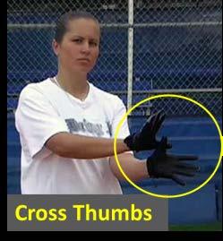 The tosser, with the balls, will start about 8 to 10 feet from the bunter. The bunter will have her bat and her glove. How the Drill Works: The first step is crossed thumbs.
