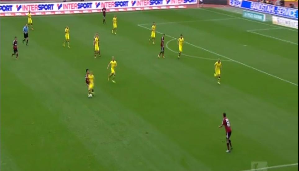 The Dortmund Player (Reus in this case) wins the ball as a result of successful conditional pressing and is able to start a counter attack. The counter attack resulted in a corner for Dortmund.