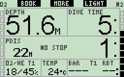 On the main display screen the gas content field shows the O2/He format for each gas when Tec SW is enabled. Short press more, the profile display is shown.