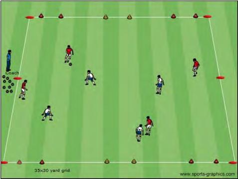 U12 Competitive Activities (10, 11 and Some 12 Year Olds) 4v4 to 6 Goals Activity Description Coaching Objective Coach sets up a 35x30 yard grid with 3 goals on each end line.