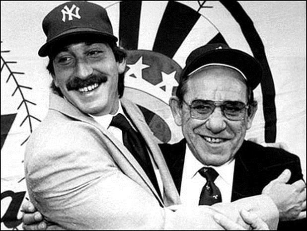 Yogi Berra poses with his son Dale at Yankee Stadium in 1984, after the latter was traded to the Yankees from the Pittsburgh Pirates,