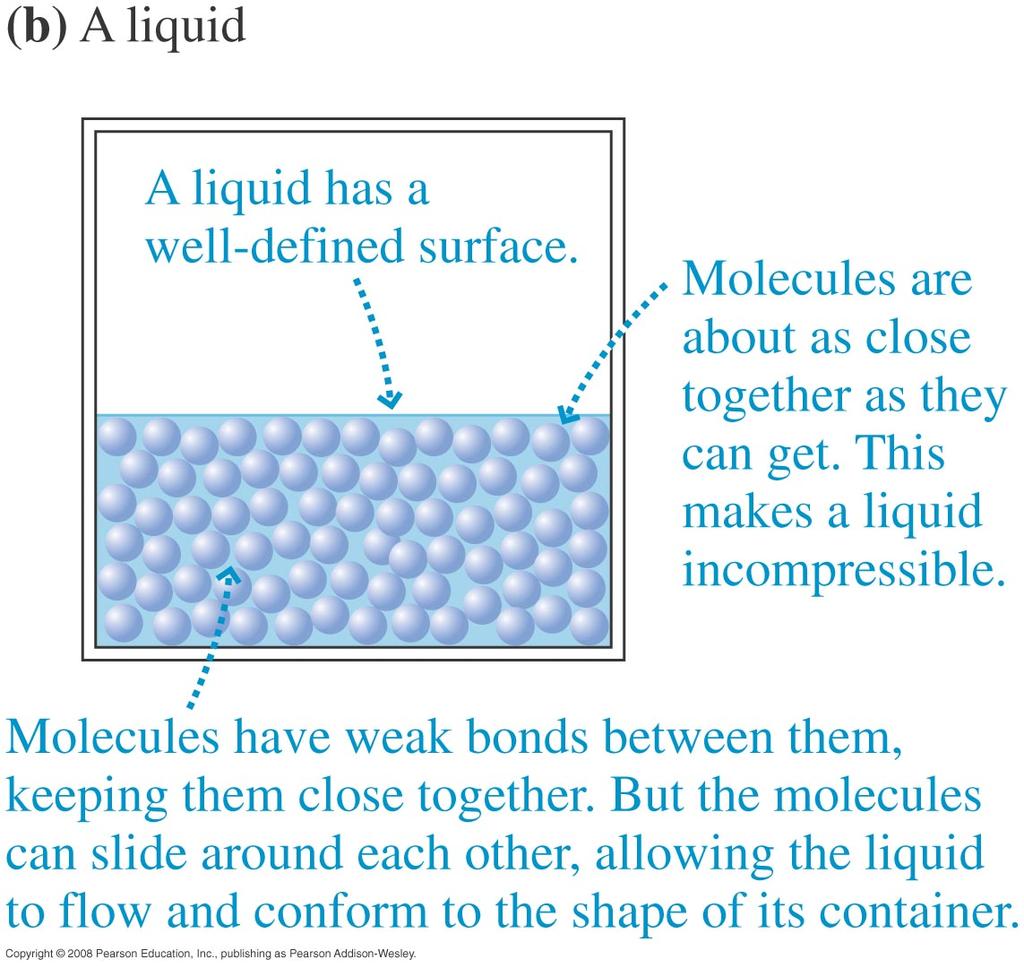 Fluids A gas is a bunch of molecules flying about, occasionally colliding with other molecules or the walls of a container. Because there is lots of space between molecules, a gas is compressible.