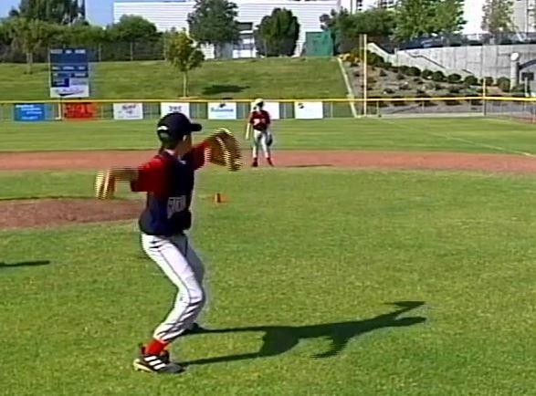 One Hop Throwing 11 To improve arm separation, getting the throwing arm up and releasing the ball on a downhill plane. Place two players approximately 40-50 feet apart.